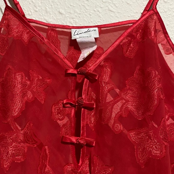Linda Montreal women's L Red Floral‎ Lace Kimono Robe vintage gown Lingerie Set - Picture 6 of 9